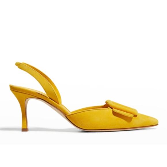 Manolo Blahnik Maysli Suede Buckle Pumps in Yellow - Picture 1 of 15